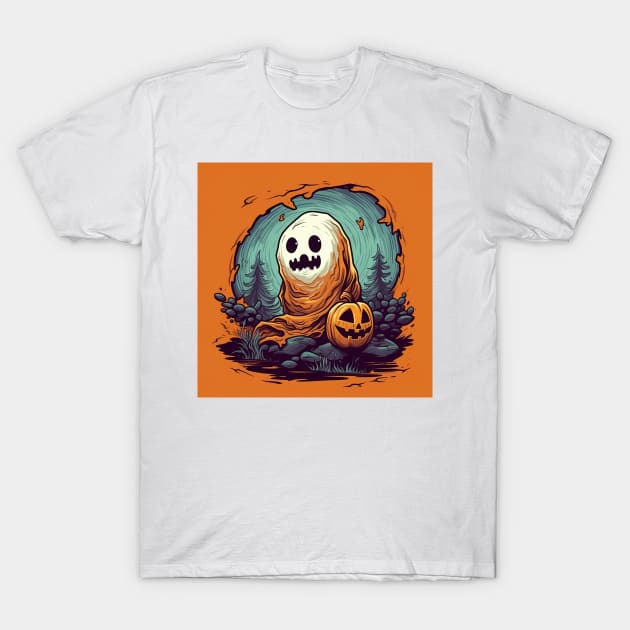 halloween design for kids, orange background, scary ghost with pumpkin T-Shirt by Maverick Media